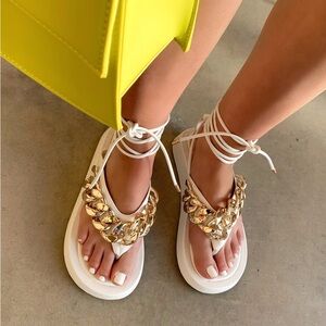 Chain-Embellished White Platform Strap Sandals